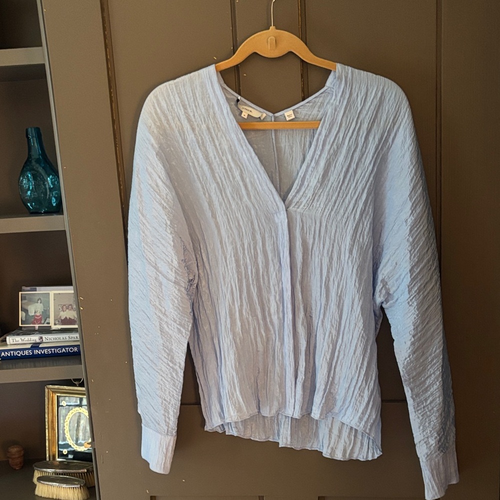 Vince Light Blue Crinkle V-Neck Button Blouse